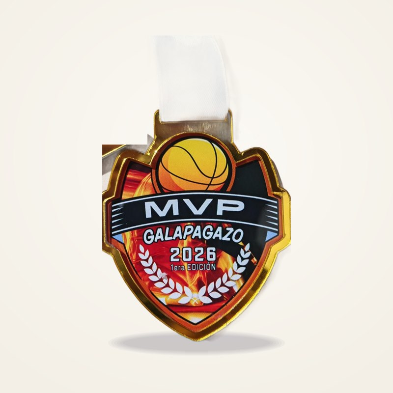 Medalla MVP impresa a color sobre acrílico dorado espejo